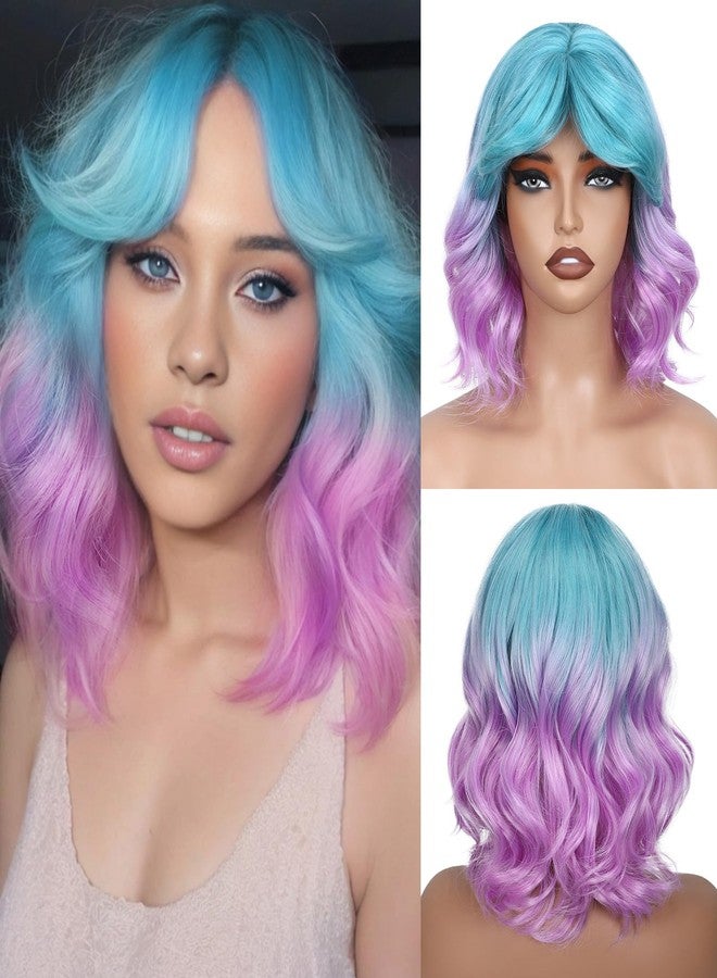 FAVE Blue to Purple Wig Short Purples Wig with Bangs Wavy Wigs for Women Ombre Purple Synthetic Hair Lavender Wigs (Purple/Blue) - Image 1